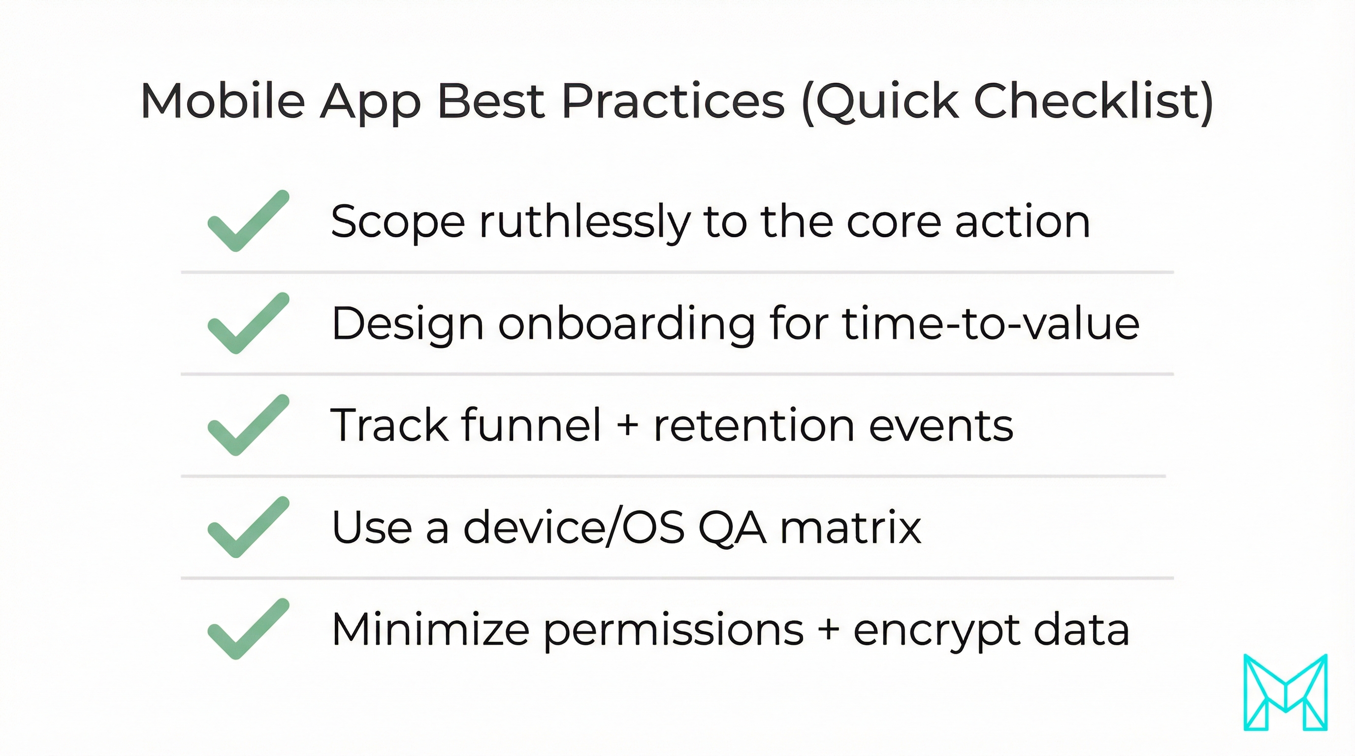 Checklist infographic with five best practices for successful mobile app development including MVP scope, analytics, QA, and security.