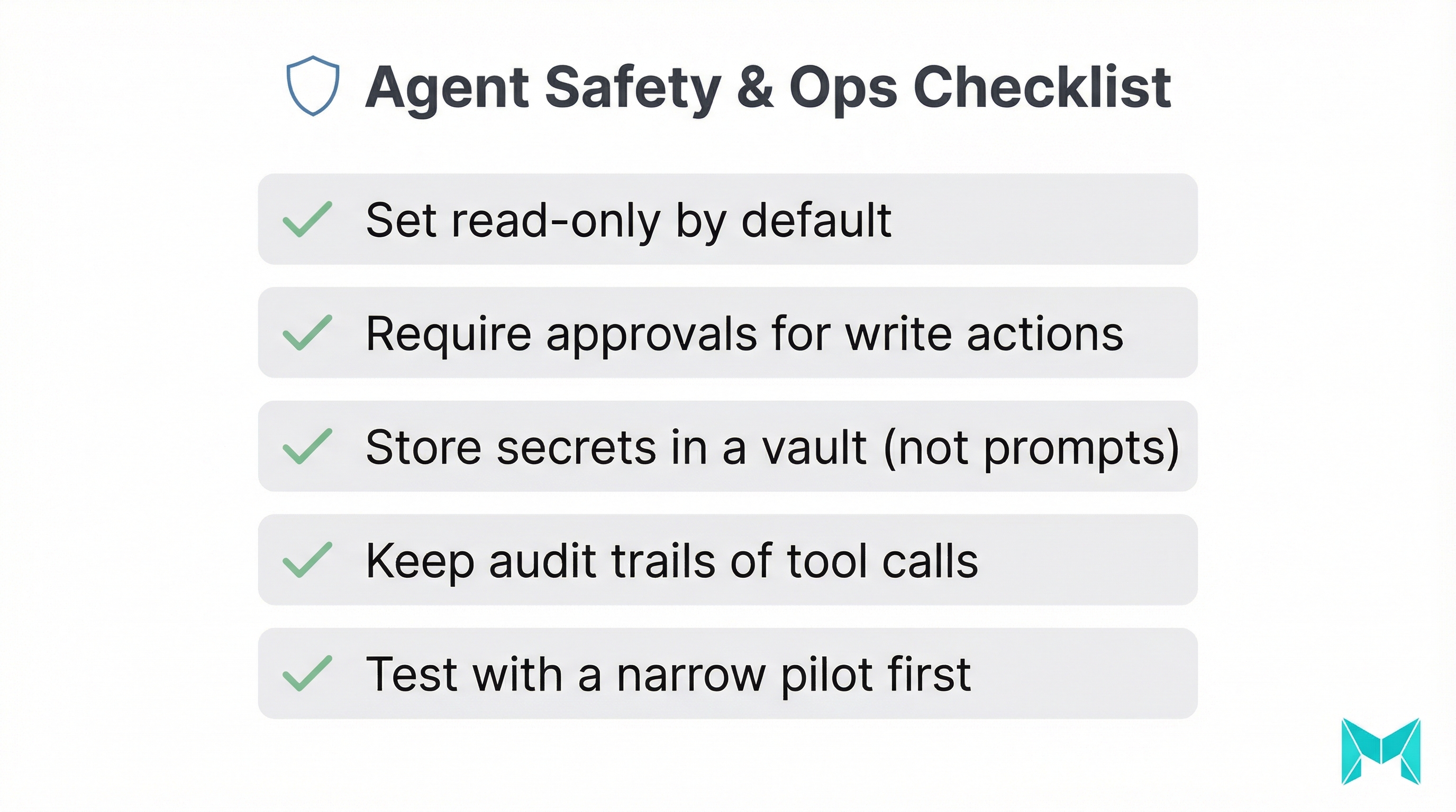 Checklist infographic of best practices for safe AI agent operations including approvals, secrets vault, audit logs, and piloting