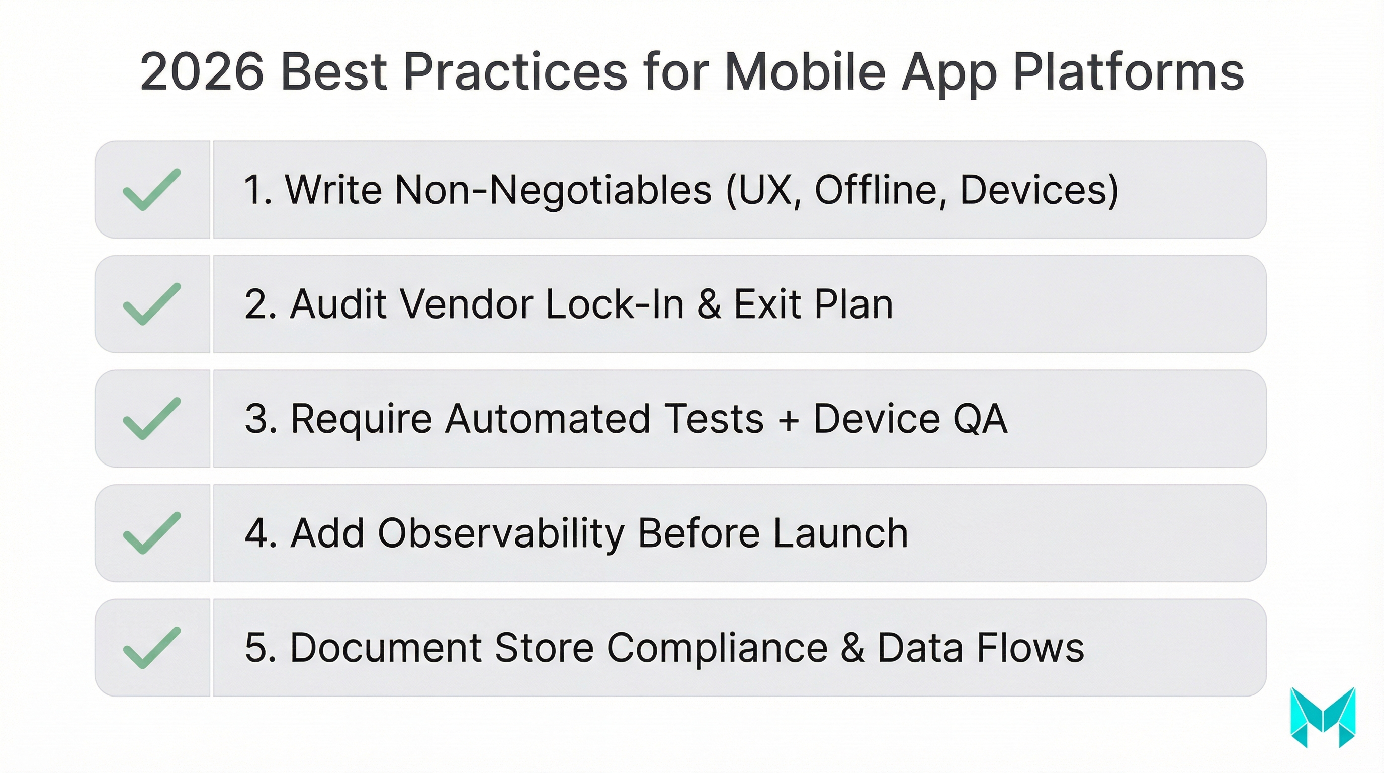 Checklist infographic with five best practices for selecting and operating mobile app development platforms in 2026