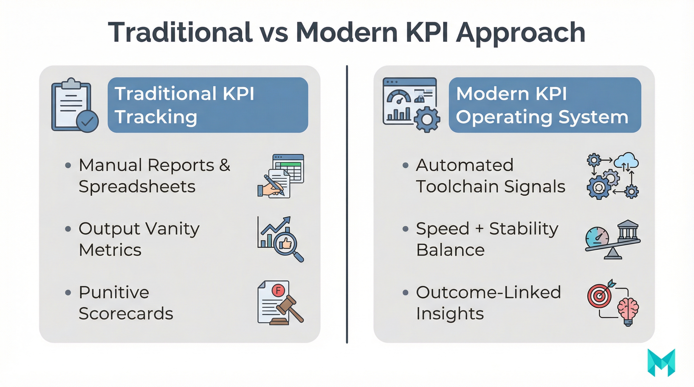 Comparison infographic contrasting traditional KPI tracking with a modern KPI operating system using automation, balanced metrics, and outcome-linked insights.