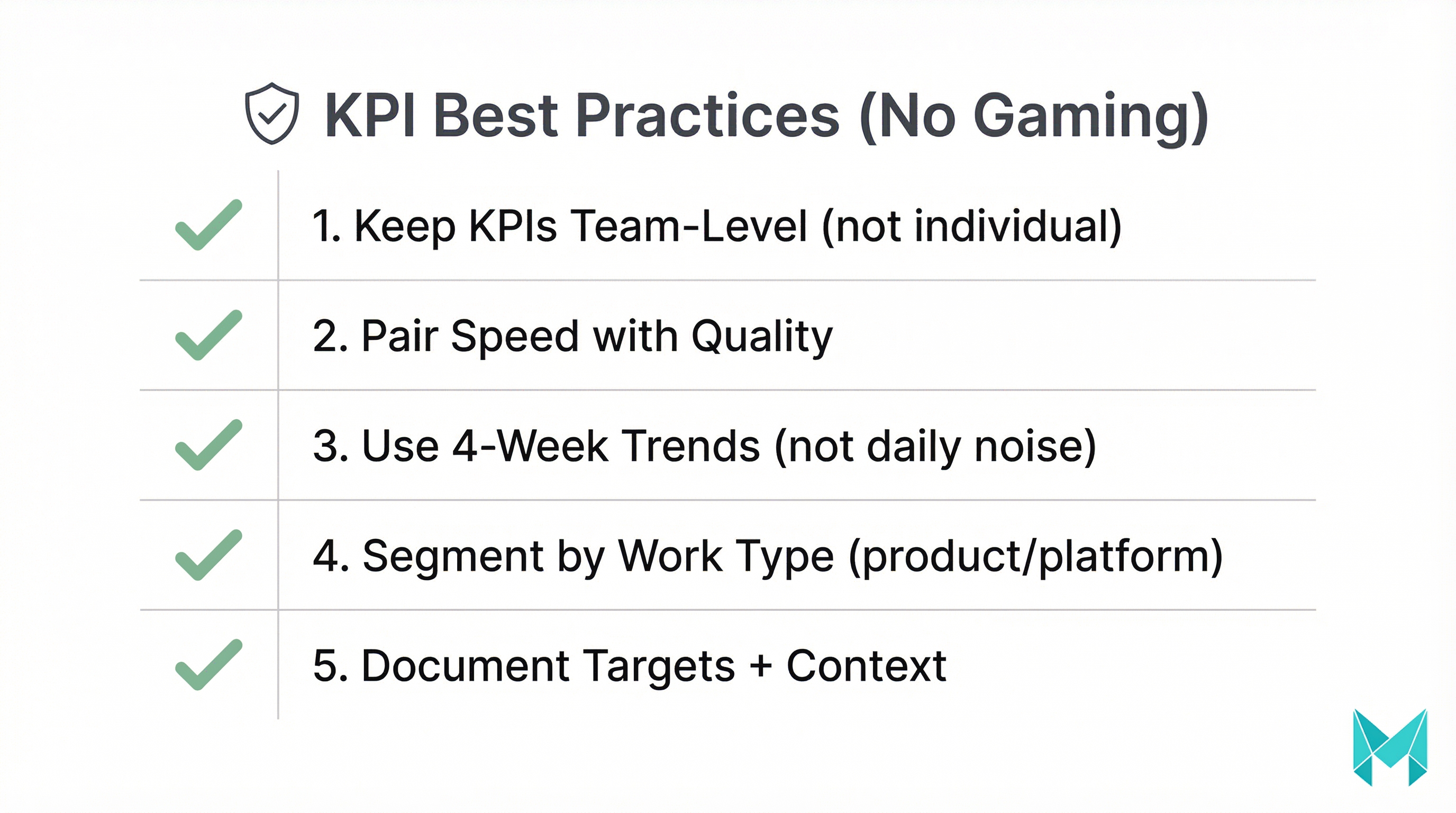 Checklist infographic of five best practices for software development KPIs, including team-level metrics, trends, segmentation, and documentation.