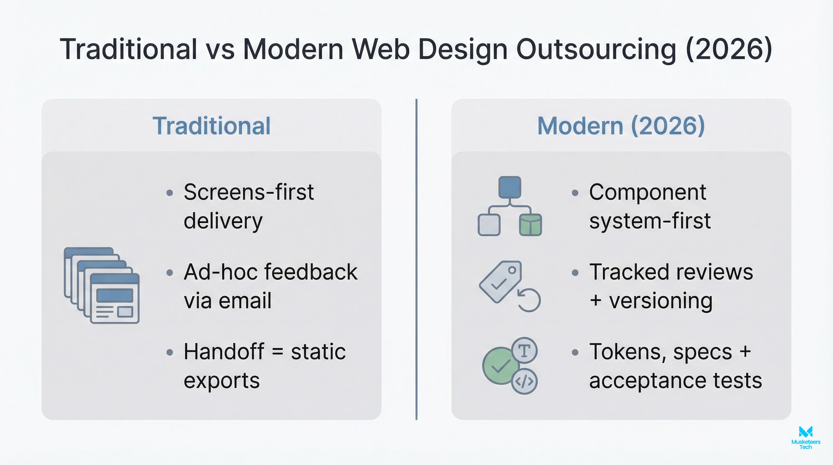 Two-column comparison of traditional web design outsourcing versus modern 2026 approach with collaboration and quality gates.