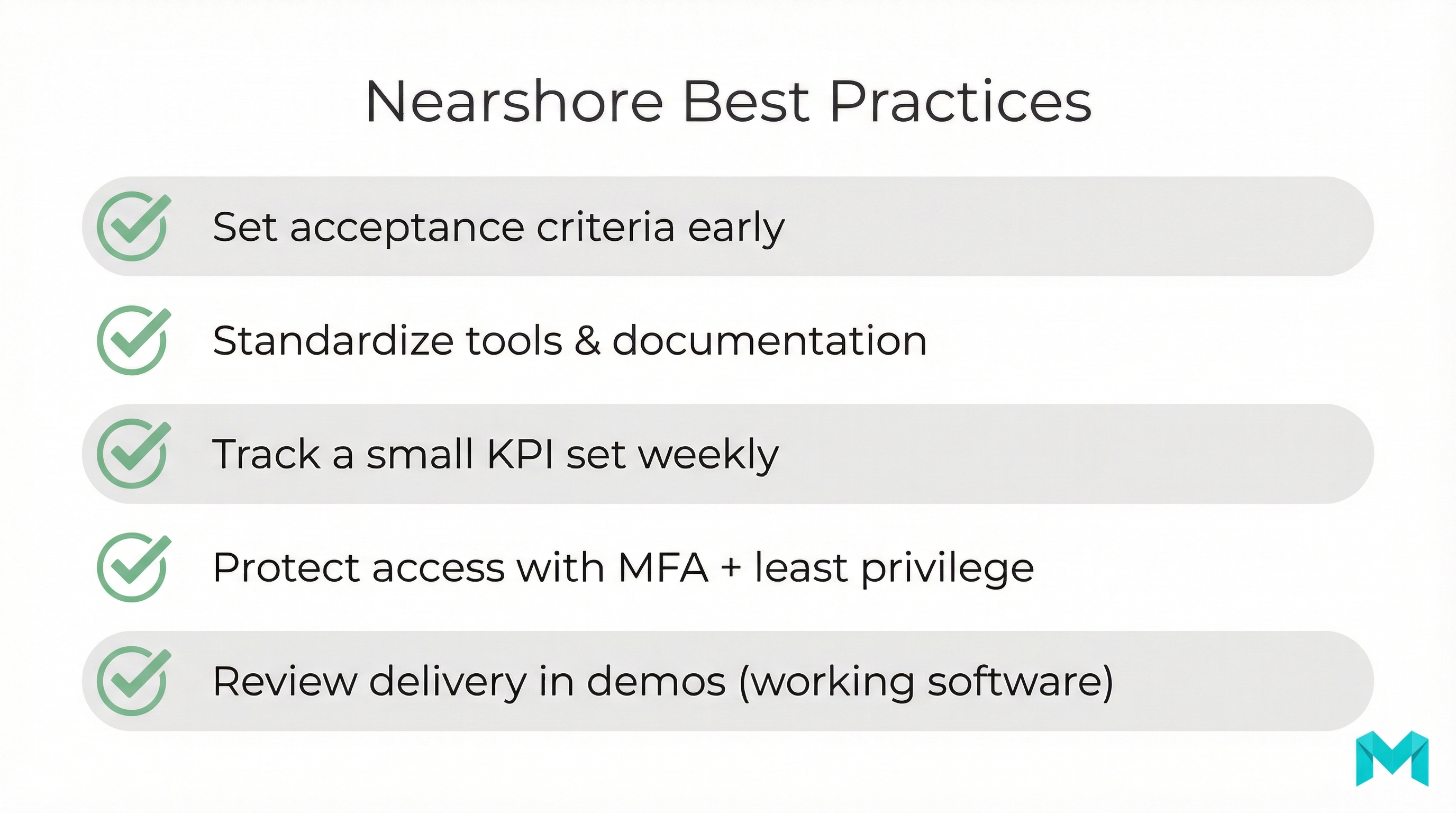 Checklist infographic with five best practices for running nearshore software development teams effectively.