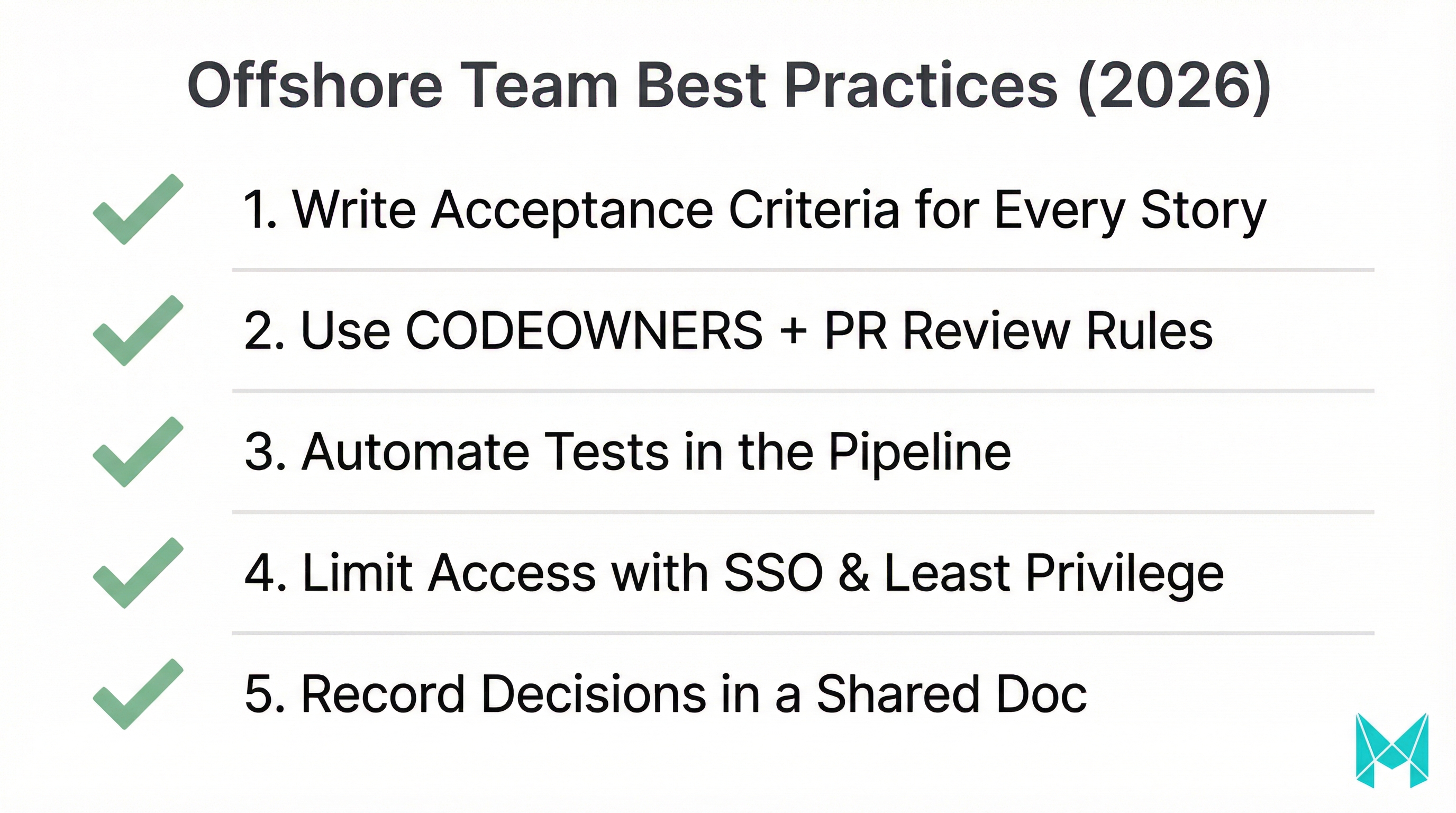 Checklist infographic of five best practices for managing offshore software development teams in 2026.
