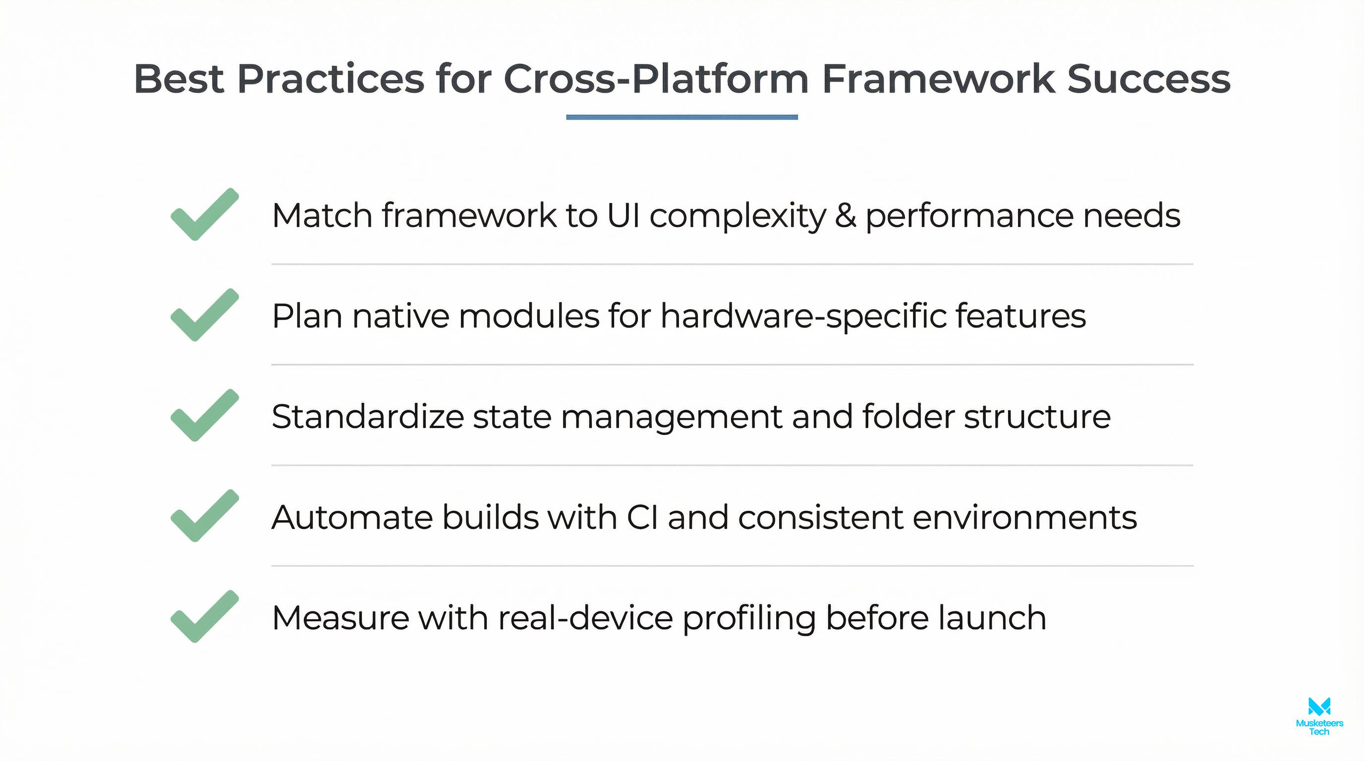 Checklist of five best practices for delivering cross-platform apps in 2026, including performance, plugins, offline, CI/CD, and privacy.