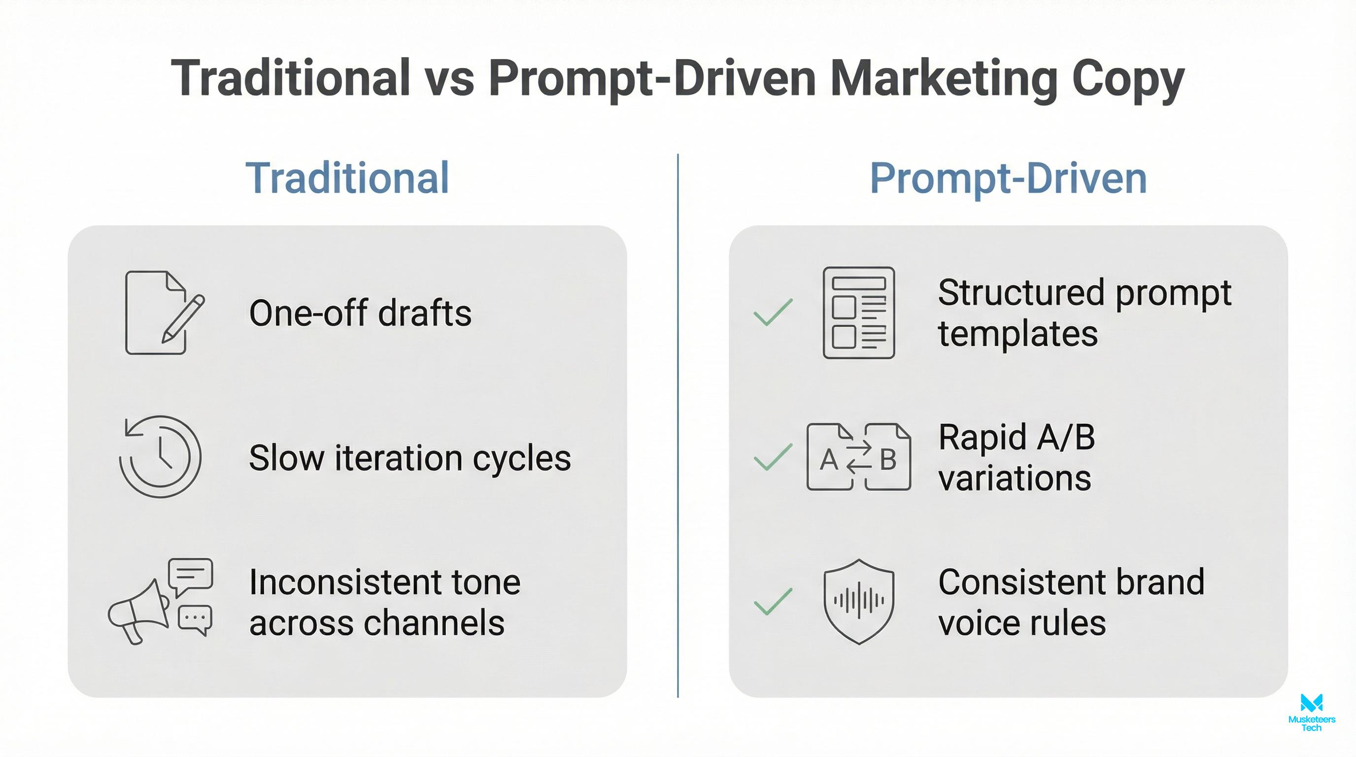 Side-by-side comparison infographic contrasting generic ChatGPT marketing prompts with structured prompts that include context, tone rules, and QA.