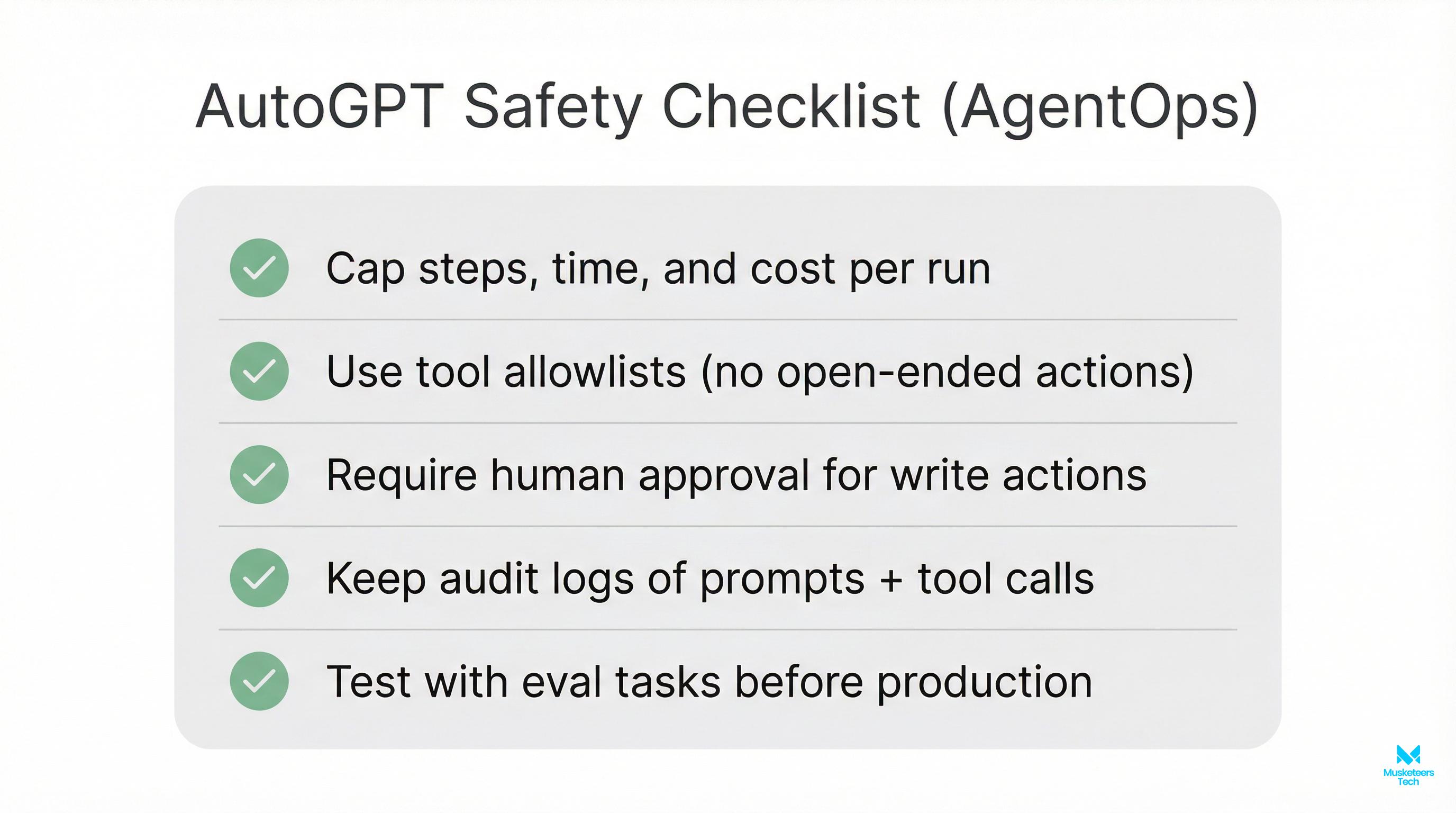 Checklist infographic of AutoGPT best practices including budgets, allowlists, secrets management, approvals, and logging.